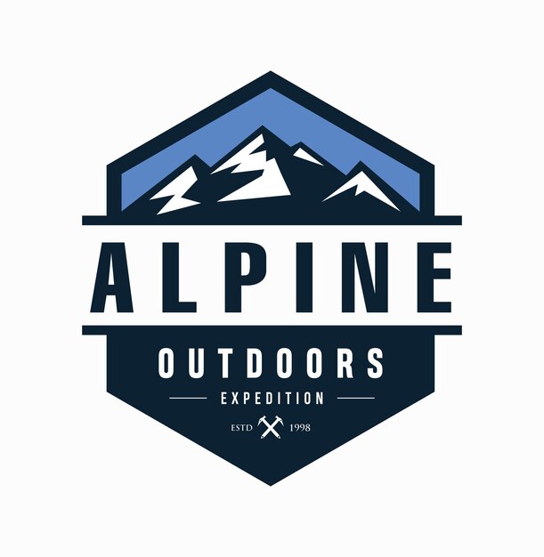 Logotipo de Alpine Mountain Adventure Insignia del emblema de Exploring Nature