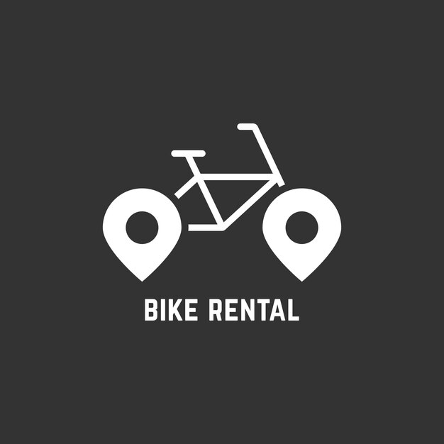 Logotipo de alquiler de bicicletas blancas con pin. concepto de bicicleta, venta de bicicletas, alquiler de bicicletas, viaje, marca de la empresa, reparación, guía. aislado sobre fondo negro. Ilustración de vector de diseño de marca moderna de estilo plano