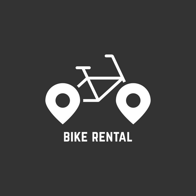 Logotipo de alquiler de bicicletas blancas con pin. concepto de bicicleta, venta de bicicletas, alquiler de bicicletas, viaje, marca de la empresa, reparación, guía. aislado sobre fondo negro. ilustración de vector de diseño de marca moderna de estilo plano