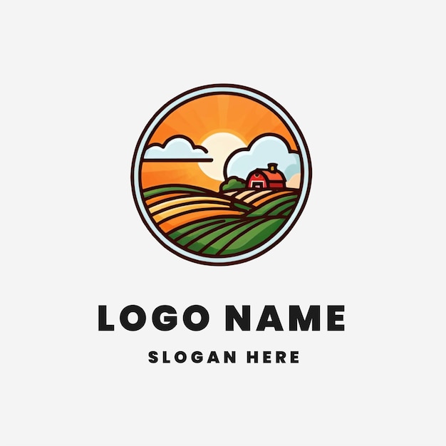 logotipo de amanecer plano y campo de la granja