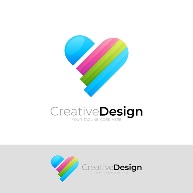 Logotipo de amor y combinación de diseño de ala estilo colorido 3d