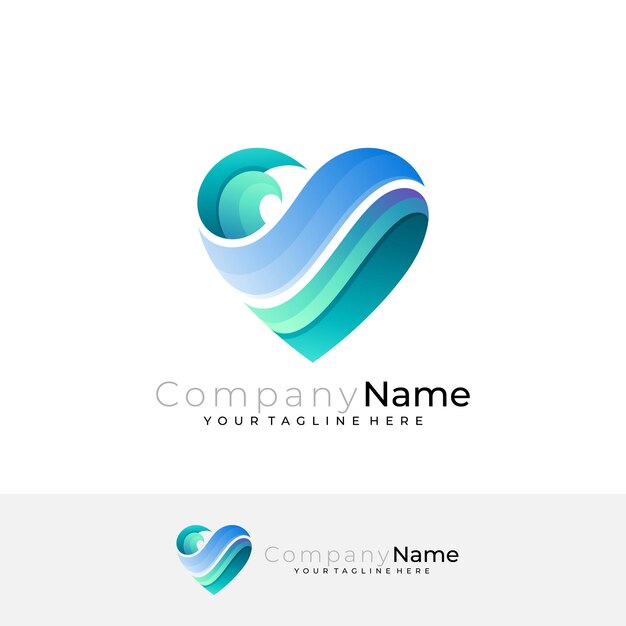 Vector logotipo de amor y diseño de olas de agua combinación logotipos del océano color azul