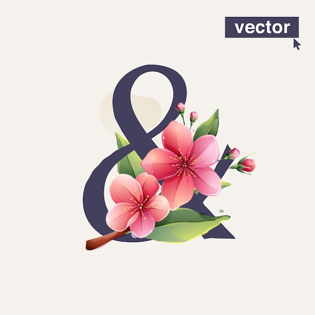 Logotipo Ampersand con flores florecientes de Sakura Estilo de acuarela realista vectorial Pétalos de cerezo rosa rama de capullo y hojas verdes
