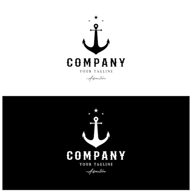 El logotipo del ancla de la nave con cuerda vintage para el barco, el yate, el emblema comercial de la compañía nautica.
