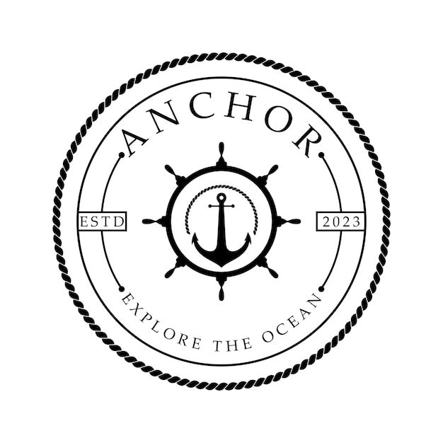 El logotipo del ancla de la nave con cuerda vintage para el barco, el yate, el emblema comercial de la compañía nautica.