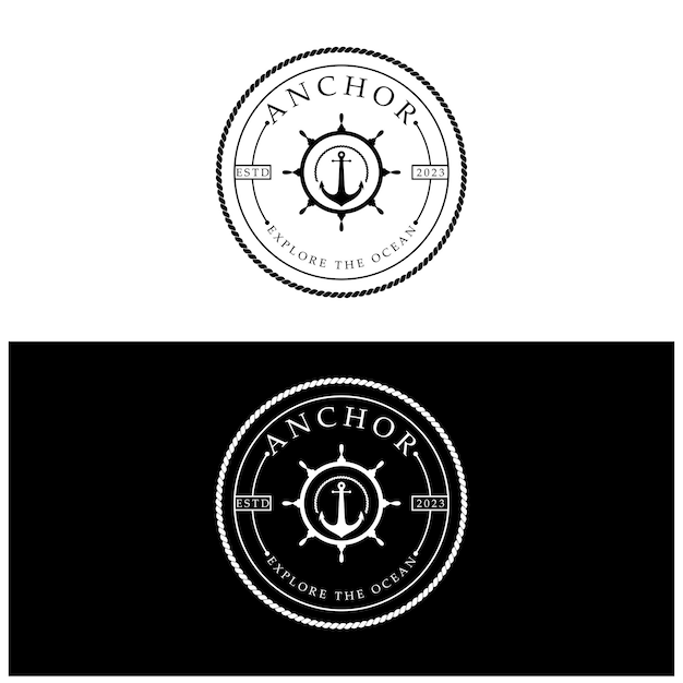 El logotipo del ancla de la nave con cuerda vintage para el barco, el yate, el emblema comercial de la compañía nautica.