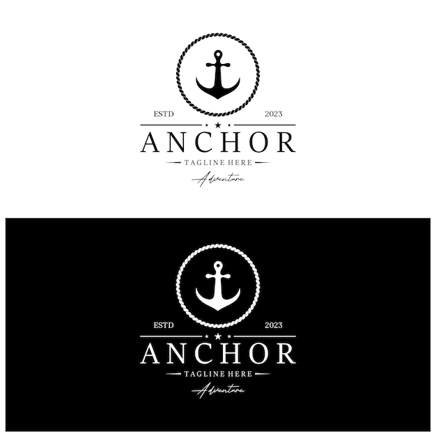 El logotipo del ancla de la nave con cuerda vintage para el barco, el yate, el emblema comercial de la compañía nautica.