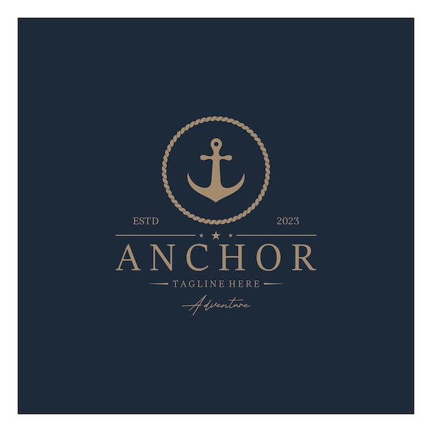 El logotipo del ancla de la nave con cuerda vintage para el barco, el yate, el emblema comercial de la compañía nautica.