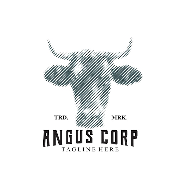 Logotipo angus retro vintage con logotipo de cabeza de vaca en el concepto de diseño de rasguños grabados