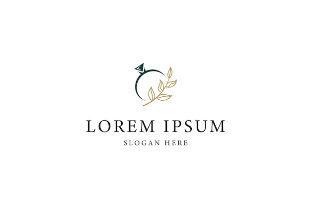 Logotipo de anillo de diamante con rama de hoja en estilo de diseño plano