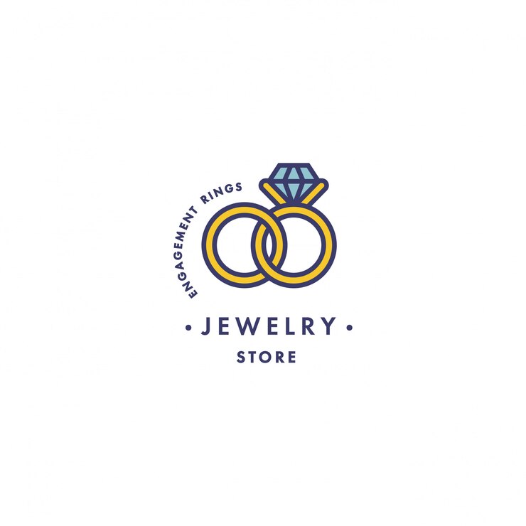 logotipo con anillos de compromiso con diseño de piedras preciosas azules en un moderno estilo lineal en colores coloridos