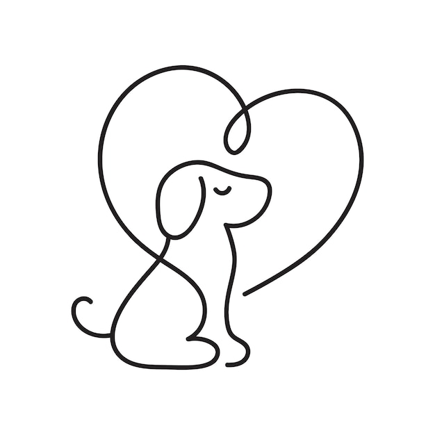 Logotipo de animal de amor con perro y corazón Dibujado a mano monoline vector clipart Plantilla de diseño e icono