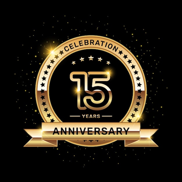 Logotipo de aniversario de 15 años con un número y una plantilla de vector de cinta dorada