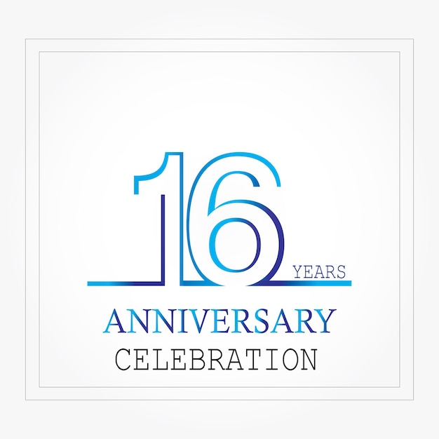 Logotipo de aniversario de 16 años con color azul blanco de una sola línea para celebración