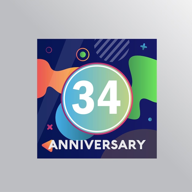 Logotipo de aniversario de 34 años, celebración de cumpleaños de diseño vectorial con fondo colorido