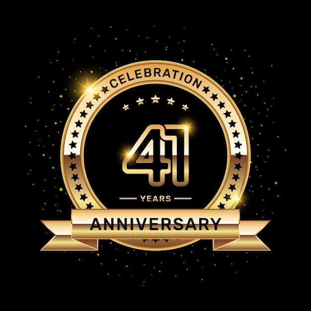 Logotipo de aniversario de 41 años con un número y una plantilla de vector de cinta dorada