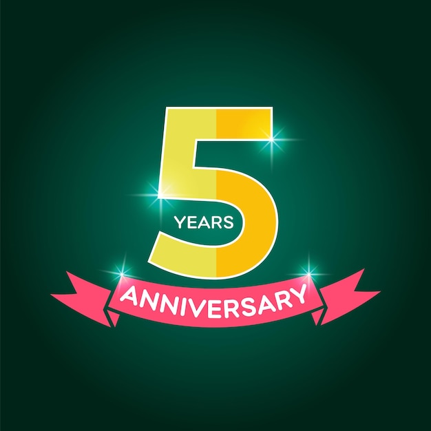 Logotipo de aniversario de 5 años con icono de cinta roja signo de fiesta de cumpleaños de 5to año plano