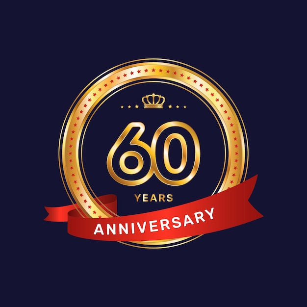 Logotipo de aniversario de 60 años con anillo de oro y plantilla de vector de cinta roja