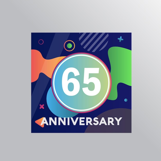 Logotipo de aniversario de 65 años, celebración de cumpleaños de diseño vectorial con fondo colorido