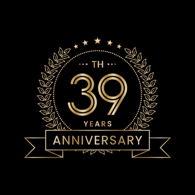 Logotipo del 39.º aniversario con corona de laurel dorada Diseño de vectores de arte lineal