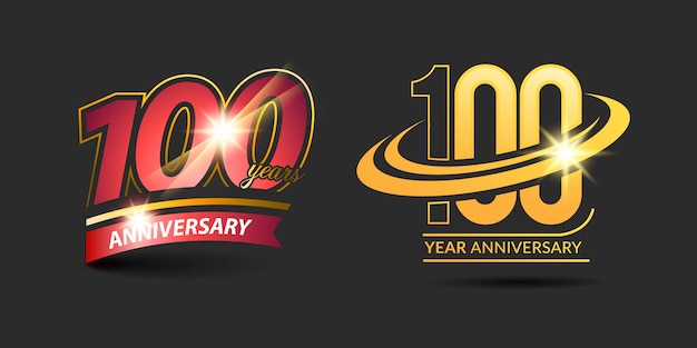 Logotipo de aniversario de oro rojo de 100 años con cinta de aniversario