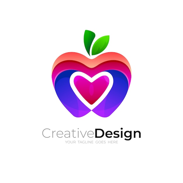 Logotipo de Apple y combinación de diseño de amor, colorido 3d