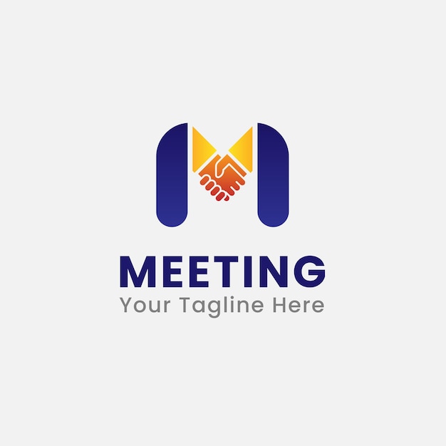 Logotipo de apretón de manos que forma la letra M en colores azul y amarillo Logotipo de reunión creativa para empresas