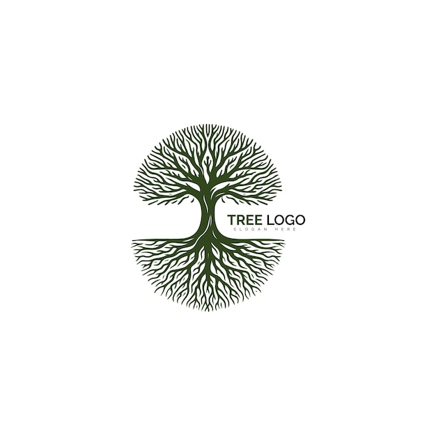 Logotipo de árbol circular con raíces y ramas detalladas