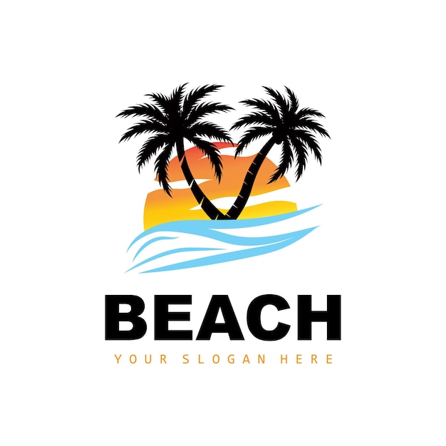 Logotipo de árbol de coco con ambiente de playa Diseño de vista de puesta de sol de vector de planta de playa