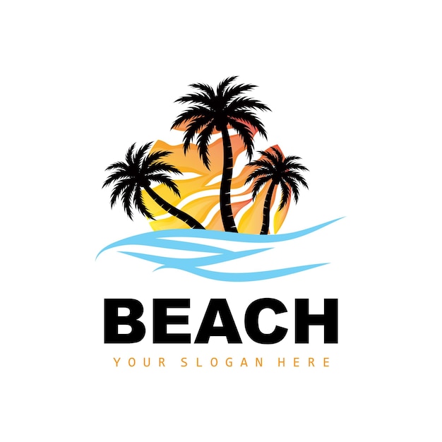 Logotipo de árbol de coco con ambiente de playa diseño de vista de puesta de sol de vector de planta de playa