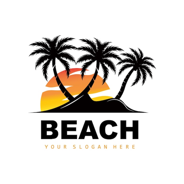 Logotipo de árbol de coco con ambiente de playa Diseño de vista de puesta de sol de vector de planta de playa