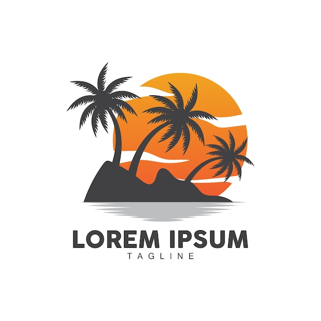 Logotipo de árbol de coco Palmera Puesta de sol Playa Vector Elegante Minimalista Diseño simple Símbolo Plantilla Icono
