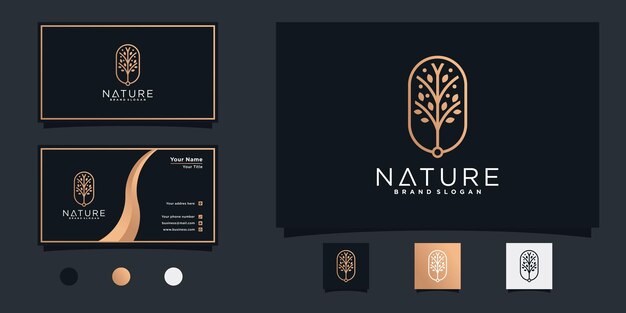 Logotipo de árbol con colores degradados dorados y tarjeta de visita Premium Vecto