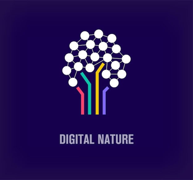 Logotipo de árbol digitalizado único Transiciones de color modernas Templata de logotipo de la compañía alrededor de la naturaleza digital