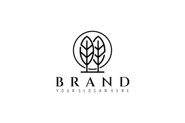 Logotipo de árbol de hoja con fondo de luna en estilo de diseño de arte lineal