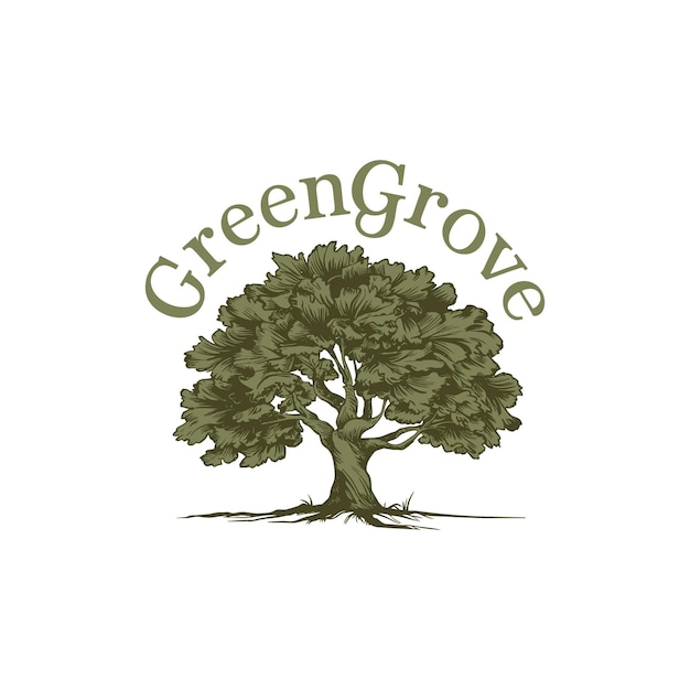 El logotipo del árbol inspirado en la naturaleza llamado GreenGrove diseño de ilustración