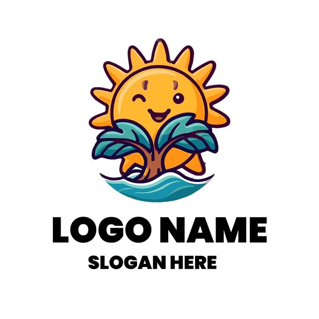 El logotipo del árbol del océano del sol plano