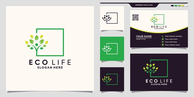 Logotipo de árbol de personas de vida ecológica con estilo de arte de línea cuadrada y diseño de tarjeta de visita Vector Premium