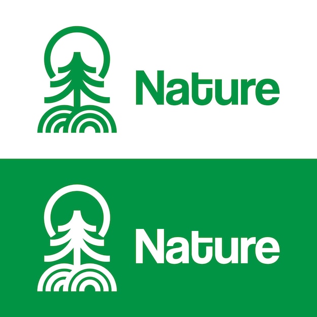 Logotipo de árbol de pino con vector de diseño de logotipo de sol