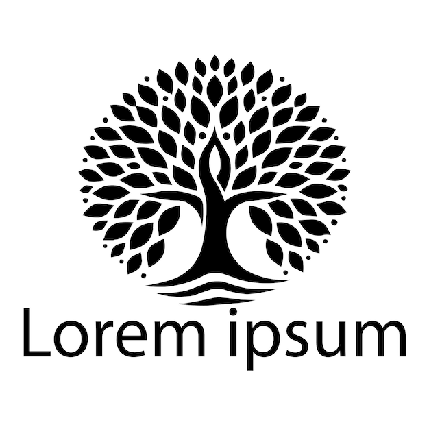 Un logotipo de árbol de yoga negro sobre un simple fondo blanco