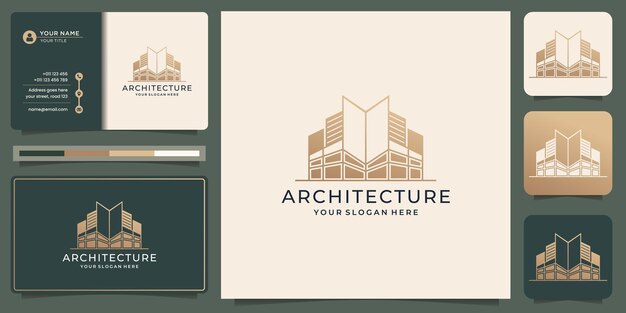 Logotipo de arquitectura con plantilla de tarjeta de visita. construcción, constructor, edificio, color dorado, banner y tarjeta de visita, inspiración para logotipos. vector premium