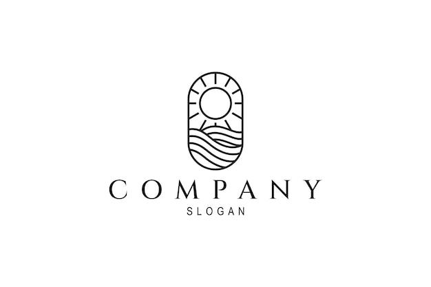 Logotipo de arte de línea agrícola con salida del sol en campos de campo o arroz