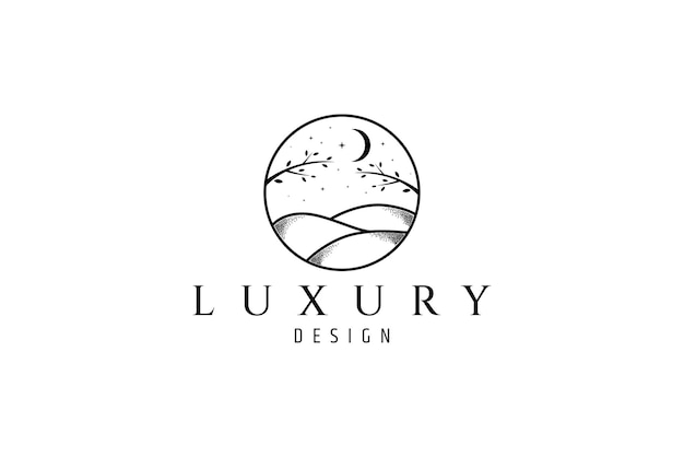 Logotipo de arte de línea artística de colinas con ramas de árboles en la noche estrellada y fondo de luna creciente