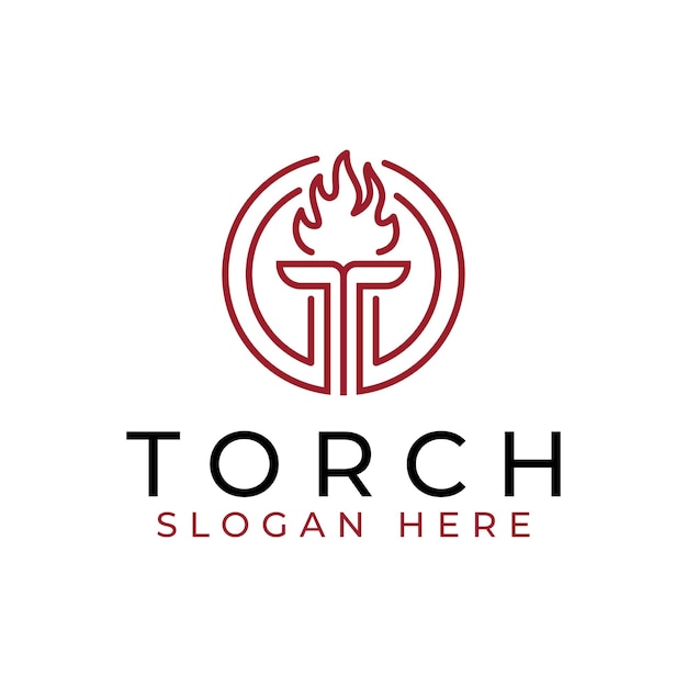 Logotipo de arte de línea de Burning Torch Fire o Flame con diseño de logotipo de columna de pilar circular