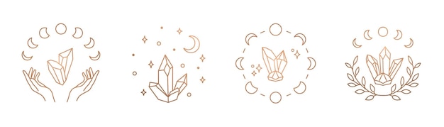 Logotipo de arte de línea de cristal de luna mística