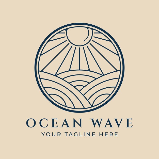 Logotipo de arte de línea de onda oceánica con diseño de ilustración de vector de insignia de luz solar