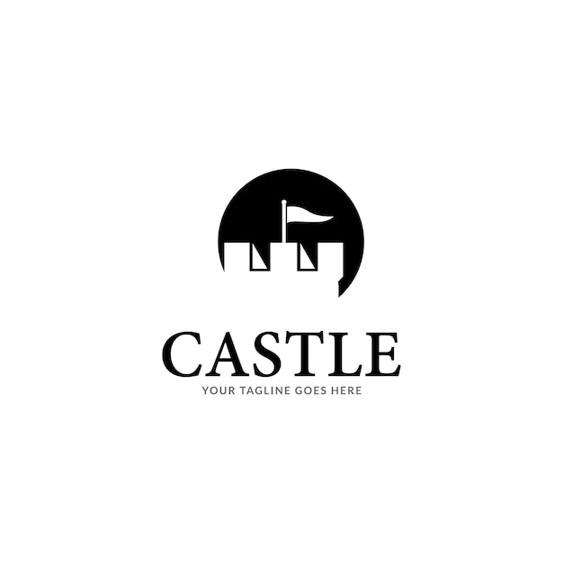 logotipo de arte de línea vectorial simple de la torre del castillo medieval en marco redondo