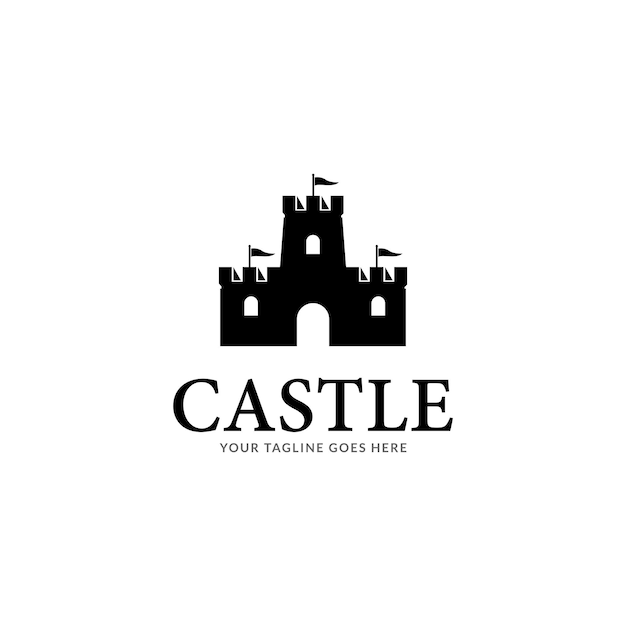 Logotipo de arte de línea vectorial simple de la torre del castillo medieval en marco redondo