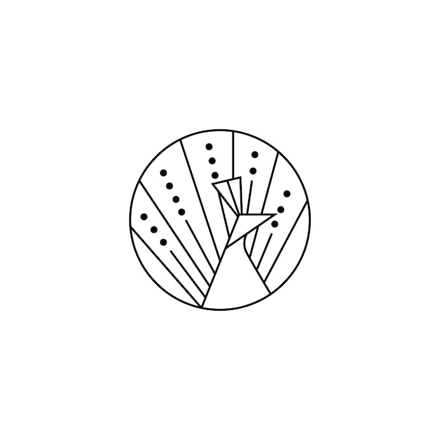 Vector logotipo de arte lineal de pavo real en marco circular