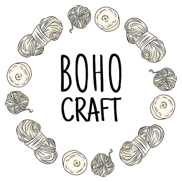 Logotipo de artesanía boho. Garabatos de hilo de algodón en composición de corona. Diseño de logo hecho a mano. Dibujado a mano imagen de dibujos animados lindo